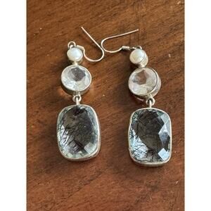 Rutilated Quartz Clear Quartz Pearl Earrings SS Faceted Vintage 2" Length